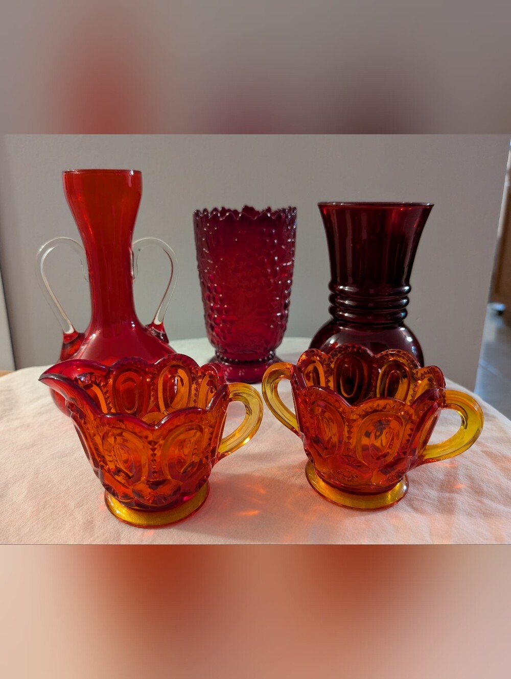 5 Pieces - Red Glass ware - 3 Vases, Cream & Sugar